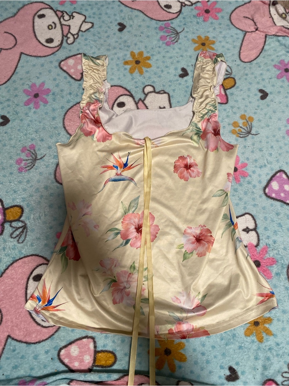 Cream Floral Satin Tank Top with Ruffle Straps